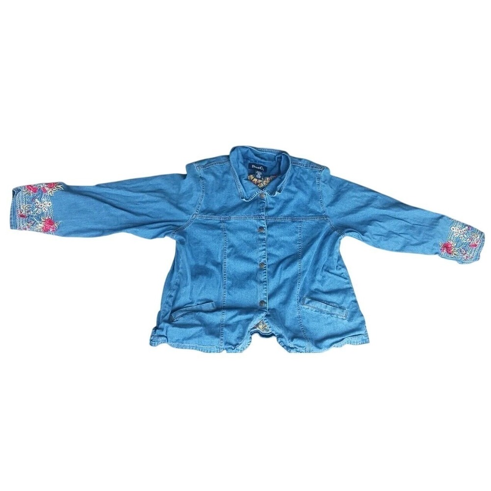 Denim & Co Embroidered Floral Cuff Denim‎ Jacket 1X Womens Blue Jean Jacket Boho